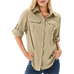 Women's UPF 50 Long Sleeve UV Sun Protection Safari Shirts Khaki